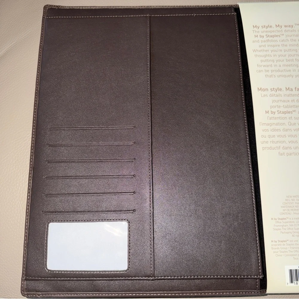 New Padfolio Brown Leather with Notepad, M by Staples with Interior Slit Pockets